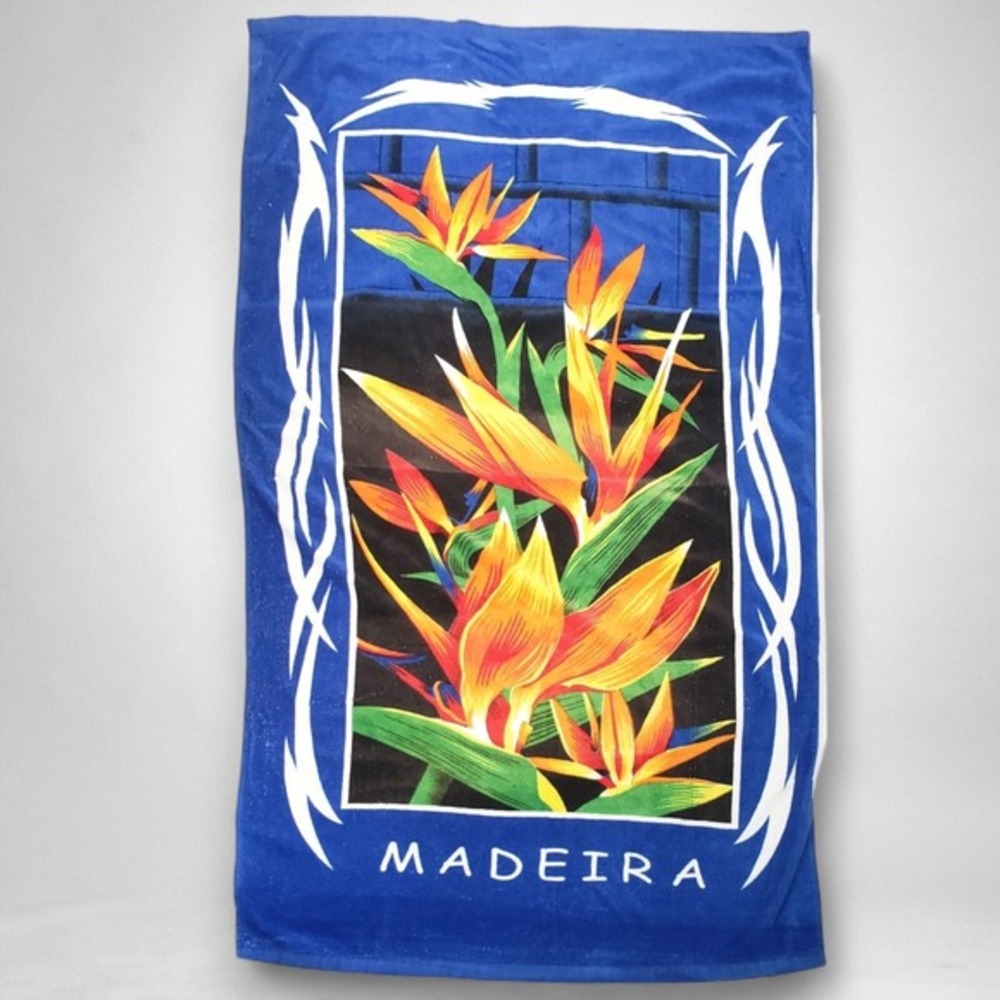Vintage Madeira Beach Towel Bird of Paradise Tropical Tribal Floral Blue 90s Y2K